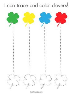 four leaf clovers with the words i can trace and color flowers on them in different colors