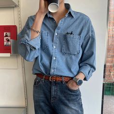 Casual Washed Chambray Denim Shirt Spread collar Button placket Chest pockets Long sleeves Relaxed fit Washed finish Lightweight 100% Polyester Streetwear Luxury, Casual Denim Shirt, Denim Collar, Chambray Denim Shirt, Spring Clothing, Denim Shirt Men, 150 Lbs, 110 Lbs, Pocket Shirt