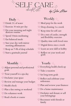 Daily Weekly Monthly Self Care Routine, Weekly Self Care Checklist Ideas, Selfcare Weekly Routine, Beginner Self Care Routine, Self Care Maintenance Schedule, Going Out Checklist, Things To Do Daily Weekly Monthly, Self Care Checklist Daily Weekly Monthly, Things I Did This Year Checklist 2024