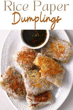 rice paper dumplings on a plate with dipping sauce