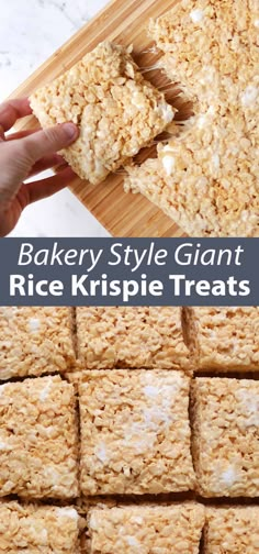 baked rice krispie treats on a cutting board with the words, bakery style giant rice kris