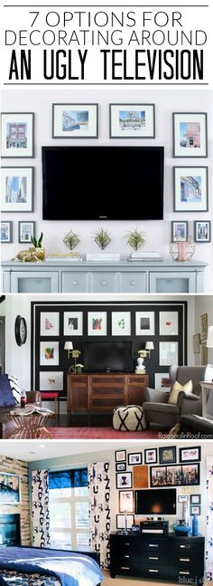 an image of a living room with pictures on the wall and television in it's center