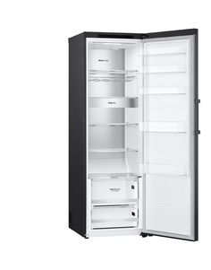 an open black and white refrigerator on a white background