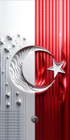 a red white and blue wall with a silver star on the top, and a crescent in the middle