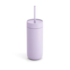 a purple cup with a straw sticking out of it's side, on a white background