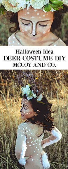 two photos with flowers in their hair and the words halloween idea deer costume diy