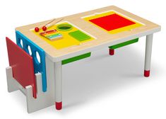 a child's wooden table and chair set with matching materials on the top, in front of a white background