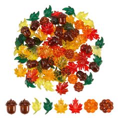 a pile of candy candies sitting on top of each other next to leaves and acorns