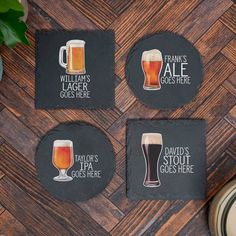 four coasters with different types of beer on them