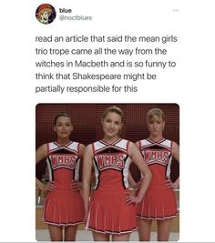 three girls in cheerleader outfits standing next to each other with their hands on their hips