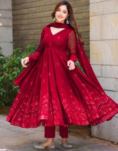 glamorous maroon fox georgette traditional function wear readymade anarkali suit collection with maroon fox georgette 37.8285714285714 Front View Red Anarkali Suits, Onam Outfits, Red Anarkali, Georgette Kurta, Embroidery Mirror, Heavy Dresses