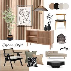 an interior design board with furniture and decor in shades of beige, black, and white