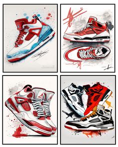 four different paintings of shoes with paint splatters on them