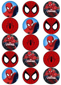 spiderman birthday party cupcake toppers with the faces of many different superheros