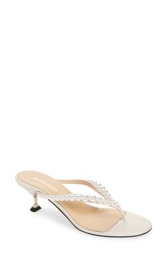 Get ready to say 'I do' to the big-day energy of this gorgeous kitten-heel sandal with imitation pearls embellishing the thong strap. 2" (55mm) heel Leather upper, lining and sole Made in Italy Designer Shoes Bride Glam, White Kitten, Kitten Heel Sandals, Rollerball Perfume, Sandal Shoes, White Kittens, Fancy Shoes, Heel Sandal, Fragrance Design