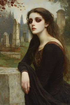 a painting of a woman sitting on a ledge in front of a cemetery with her eyes closed