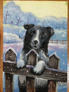 a painting of a black and white dog sitting on a wooden fence in the snow