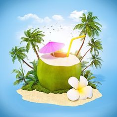 a coconut drink with an umbrella and flowers on the sand in front of palm trees