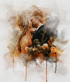 a painting of two people kissing each other with flowers in the foreground and watercolor splashes on the background