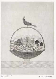 a drawing of a bird sitting on top of a fish bowl filled with flowers and birds