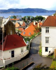 an aerial view of some houses and the water in the backgrouds, with mountains in the distance