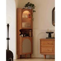 a tall wooden cabinet sitting in the corner of a room next to a mirror and potted plant