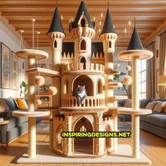 a cat is sitting in a castle made out of wood and surrounded by other furniture