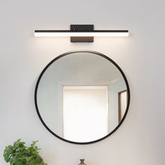 a bathroom sink with a mirror above it and a potted plant on the counter