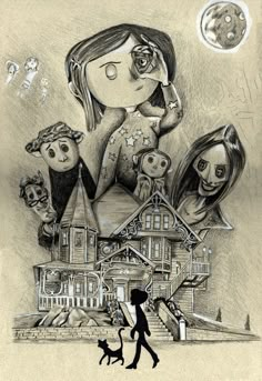 a drawing of some people and a dog in front of a house with creepy faces