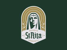 the logo for catholic stitta community, with a woman's head in gold and green