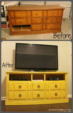 before and after photos of an old tv stand