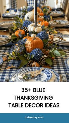 blue and white thanksgiving table decor with pumpkins