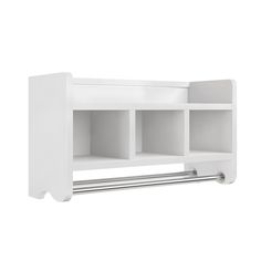 a white bathroom cabinet with two shelves and a towel bar on the bottom, in front of a white background