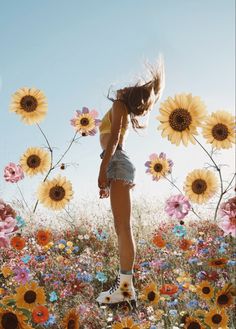 a woman standing in the middle of a field of sunflowers and daisies