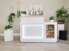 a white cabinet with plants in it next to a potted plant on the floor