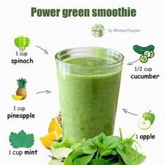 a green smoothie in a glass with ingredients labeled on the top and below it