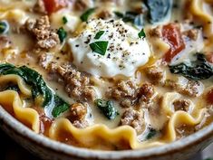 a close up of a bowl of pasta with meat and spinach