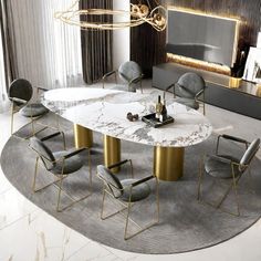 a modern dining room with marble table and chairs