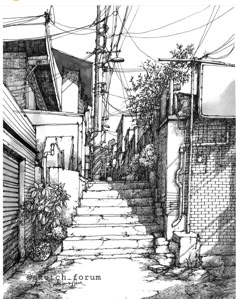 a black and white drawing of an alleyway