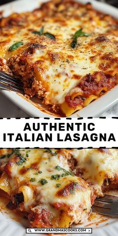 two pictures with the words authentic italian lasagna on them and an image of a plate full of lasagna