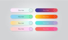 four colorful buttons with the words buy now, buy now and buy now