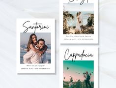 three different wedding cards with the same photo on them