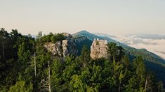 the mountains are covered in fog and low lying clouds, with trees on each side