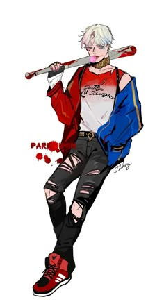 a drawing of a person with a baseball bat in their hand and wearing ripped jeans