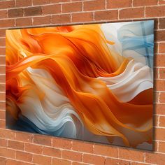 an abstract painting on a brick wall in front of a brick wall with a white, orange and blue background