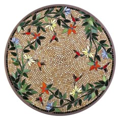 a circular mosaic design with leaves and flowers on the center is shown in brown tones