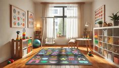 a child's playroom with toys and bookshelves on the floor, including a rug