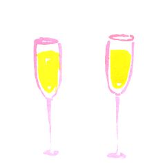 two champagne glasses with yellow liquid in them