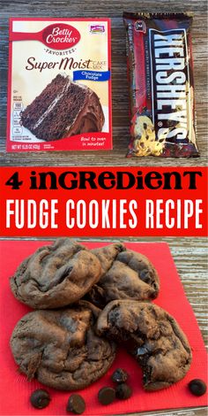 some cookies and chocolate chips are on a red napkin with the words crazy delicious fudge cookies