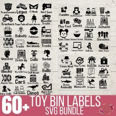 60 toy bin labels svg bundle for silhouettes, cricut and more